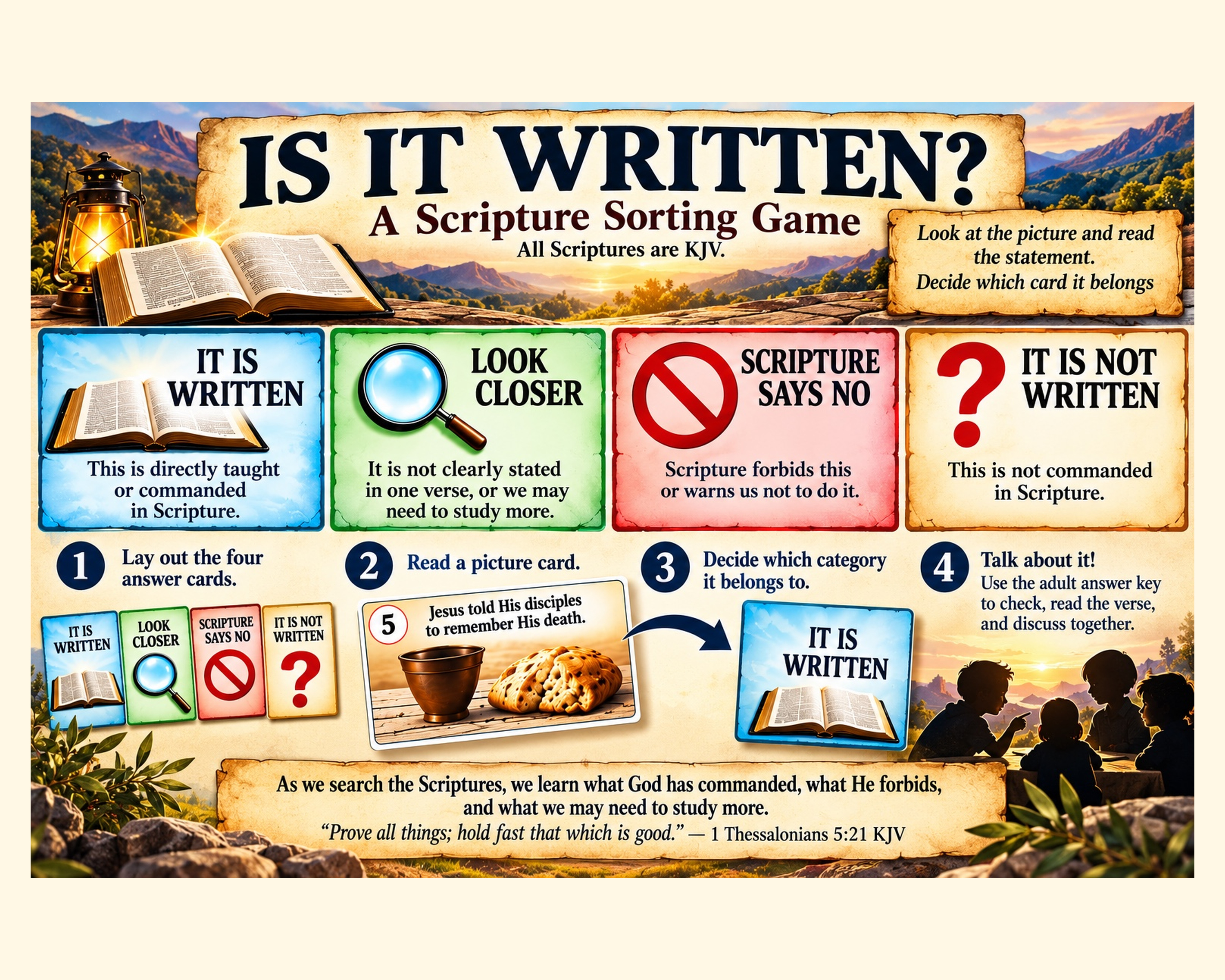 Is It Written game instructions showing four Scripture sorting categories